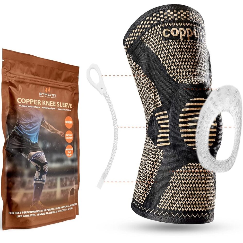 SYMLYST Copper Knee Brace Compression Sleeve with Side Spring Stabilizer